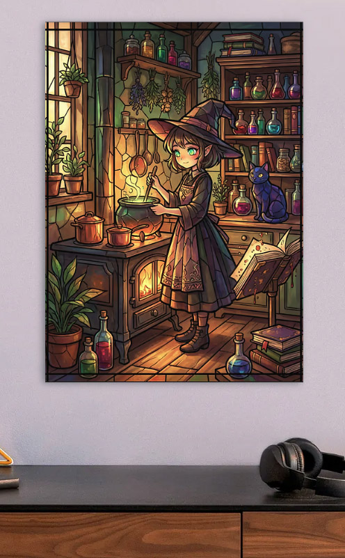 Witch Brewing Potion in Stained Glass — metal poster wall art by Lineer